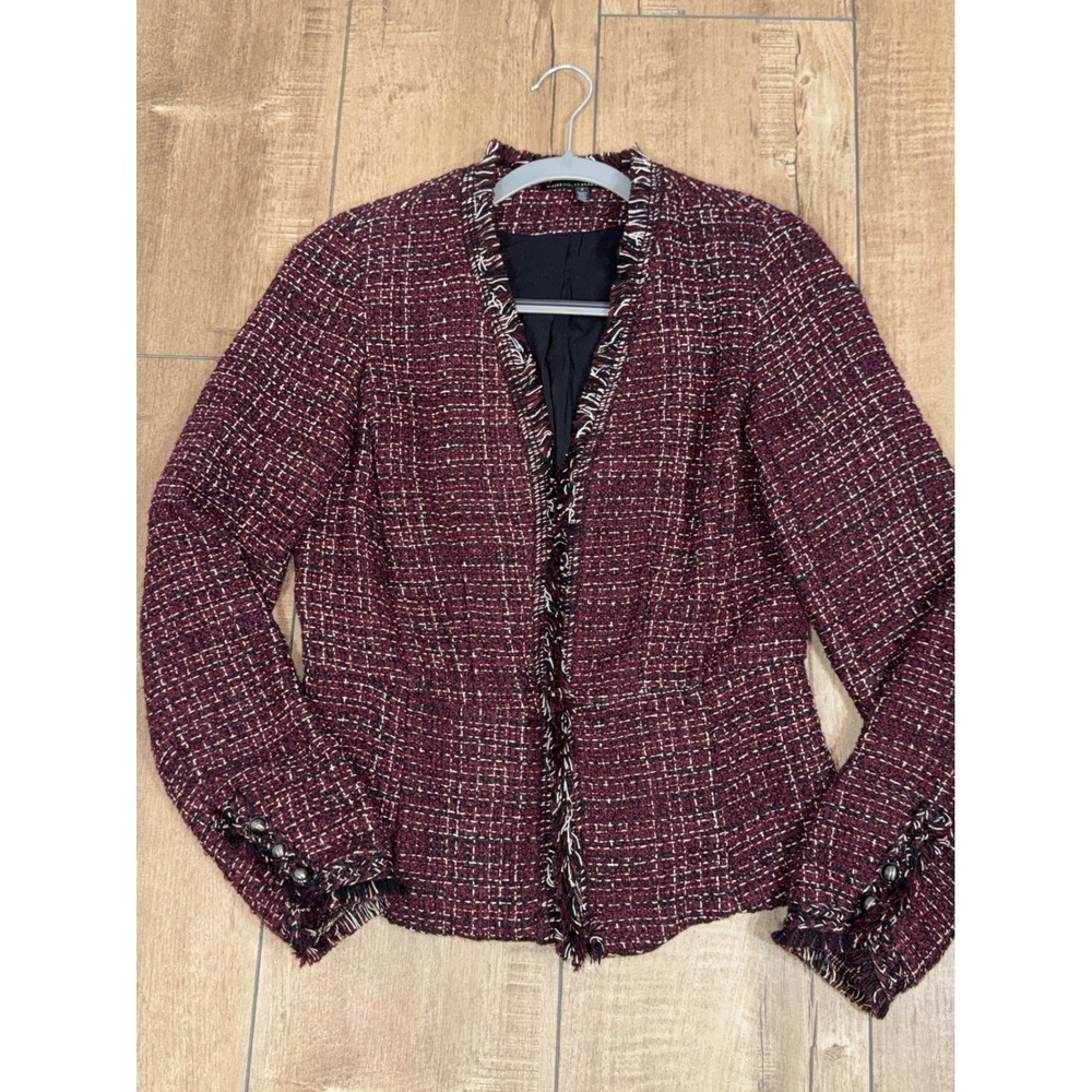 White House‎ Black Market Tweed Fringe Collarless Burgundy Blazer Womens Size 4